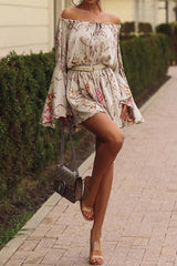 Sexy Vacation Floral Print Lace Up Off Shoulder Printed Dresses(No Waist Belt)