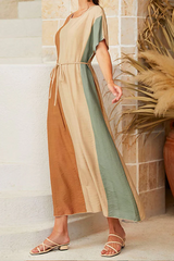 Casual Color Lump With Belt Contrast O Neck Dresses