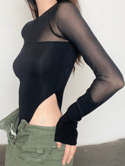 Black Patchwork Mesh Long Sleeve Bodysuit
