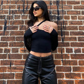 Street Style Strap Long Sleeve Crop T-Shirt - Black