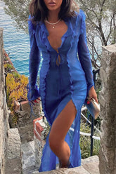 Sexy Solid Frenulum See-Through V Neck A Line Dresses
