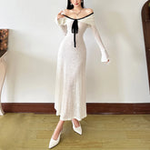 French Retro Off-The-Shoulder Long-Sleeved Dress