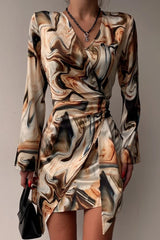 Fashion Patchwork Tie-Dye V Neck Pencil Skirt Dresses(3 Colors)
