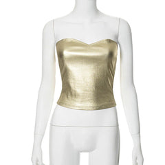 Pydshop Gold Pu Crop Tops For Women Bodycon Backless Sexy Off Shoulder Tank Top Hot Girls Street Slim Party Tube Top Ladieschristmas Gifts