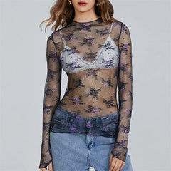 Pydshop Chic Sheer Tops For Women Long Sleeve Mock Neck Lace Mesh Top Sexy See Through Floral Tee Shirt Layering Blouse Y2K Streetwear