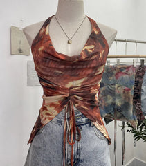 Pydshop Women'S Resort Swing Collar Drawstring Strap Halter Vest Tie-Dye Mesh Top Sexy Backless Irregular Vest Party Leisure Essential
