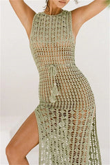 Casual Solid Tassel Hollowed Out See-Through Slit O Neck Beach Dresses