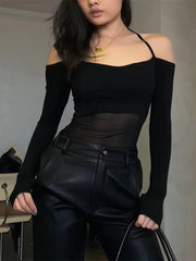 Pydshop Long Sleeve Top Womens Halter 2024 Casual Tee Shirt Gauze Trendy Off Shoulder T Shirts Femme Y2K Crop Top Streetwear Party Club