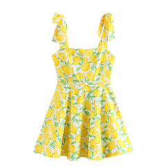 Yellow Fruit Print Backless Mini Dress