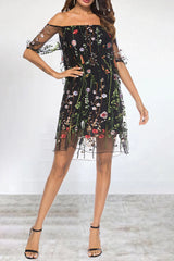 Elegant Animal Flowers Leaves Lace Embroidered Off The Shoulder A Line Dresses