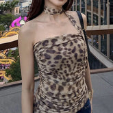 Pydshop Leopard Print Crop Top Women Mesh Sleeveless Sexy Tube Summer Vintage Halter Tank Top Backless Sexy Party Tops For Ladies