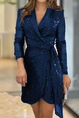 Casual Solid Sequins Frenulum Turn-Back Collar Suit Dress Dresses(4 Colors)