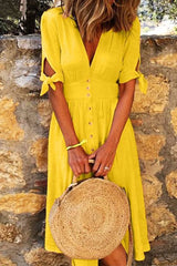 Casual Elegant Buckle Knotted V Neck Dresses(4 Colors)