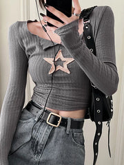 Star Patch Long Sleeve Knit Crop Top