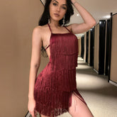 Stunning Fringe Sleeveless Halter Neck Party Romper - Burgundy