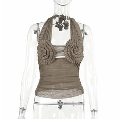 Pydshop Folds Sunflower Tank Top Women Mesh Bodycon Sleeveless Slim Crop Tops Ladies Club Party Sexy Backless Bandage Vest Womanchristmas Gifts
