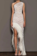 Sexy Party Solid See-Through Feathers Oblique Collar Irregular Dress Dresses