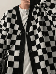 Men'S V Neck Checkered Cardigan Sweater