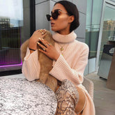 Simple Rib Split Hem Turtleneck Pullover Sweater - Khaki