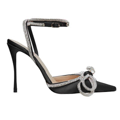 Sparkly Rhinestone Pointed Toe Ankle Strap Satin Butterfly Heels - Black
