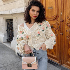 Long Sleeve Crochet Floral Cardigan - Apricot