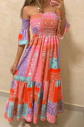 Fashion Print Split Joint Off The Shoulder Waist Skirt Dresses