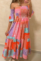 Fashion Print Split Joint Off The Shoulder Waist Skirt Dresses