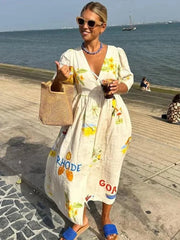 V-Neck Puff Sleeve Printed Midi Dress