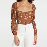 Pydshop Women Blouses Fashion Long Sleeve Square Neck Fitted Elegant Blouse Front Buttons Puff Sleeve Vintage Floral Print Top
