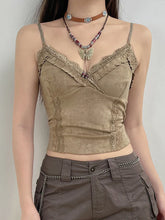 Pydshop Y2K Lace Mini Vest Women Spaghetti Strap Khaki Crop Top Women Harajuku Basic Casual Sweats Vintage Chic Camis Summer