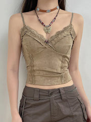 Pydshop Y2K Lace Mini Vest Women Spaghetti Strap Khaki Crop Top Women Harajuku Basic Casual Sweats Vintage Chic Camis Summer