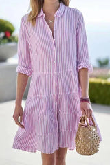 Street Elegant Geometric Draw String Turndown Collar Shirt Dress Dresses(6 Colors)