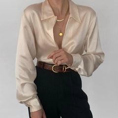 Pydshop 2024 V Neck Long Sleeve Satin Shirt Women Elegant Autumn Winter Black Fashion Blouse Lady Office Tops