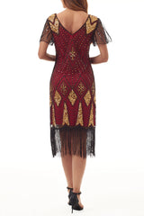 College Formal Patchwork Tassel Bead Tube Zipper V Neck Evening Dress Dresses