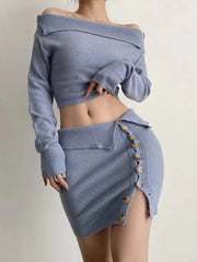 Pydshop Taruxy Knitted Skirt Sets Two Piece Off Shoulder Long Sleeve Tops High Waist Mini Skirts 2022 Autumn Matching Set Co-Ord Outfits