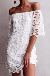 Elegant Solid Lace Hollowed Out Off The Shoulder Dresses