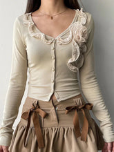 Pydshop 2024 Fashion Woman Tops Y2K Style Sweet Slim Floral Ruffles Buttons V Neck Top