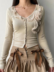Pydshop 2024 Fashion Woman Tops Y2K Style Sweet Slim Floral Ruffles Buttons V Neck Top