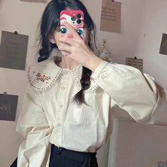 Pydshop Kawaii Shirt Women Floral Embroidery Peter Pan Collar Long Sleeve Blouse Japan Elegant Fashion Design Harajuku New Tops