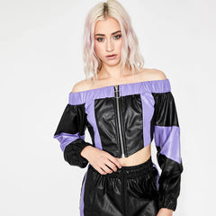 Color Block Off Shoulder Zip Front Crop Top - Black