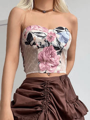 Mesh Floral Print Bandeau Crop Top