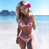 Boho Style Floral Scalloped Crochet Halter Triangle Bikini Set - Flower