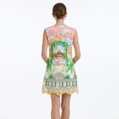 Sleeveless With Bow Cartoon Print Mini Dress