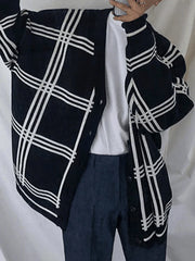 Men'S V Neck Checkered Cardigan