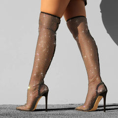 Sparkly Rhinestone Pointed Toe Mesh Thigh High Boots - Black