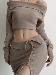 Pydshop Taruxy Knitted Skirt Sets Two Piece Off Shoulder Long Sleeve Tops High Waist Mini Skirts 2022 Autumn Matching Set Co-Ord Outfits