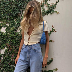 Short Sleeve Crop Top - Beige