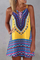 Vintage Print Patchwork Spaghetti Strap Straight Dresses