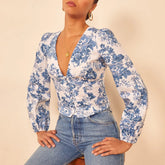 Pydshop Women Blouse V Neck Long Sleeve Summer Chiffon Blouse Women Vintage Floral Print Casual Tops For Womens Tops And Blouses