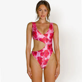 Cutout High Leg V Neck One Piece Swimsuit - Red